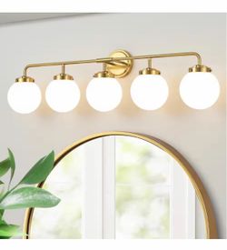 Deyidn 31.66 in. 5-Light Gold Bathroom Vanity Light with Opal Glass Shades, Bulbs not Included