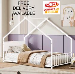 OBO New Other Bellemave Twin House Bed W/ Roof, Headboard, Slats & LED Lights, White