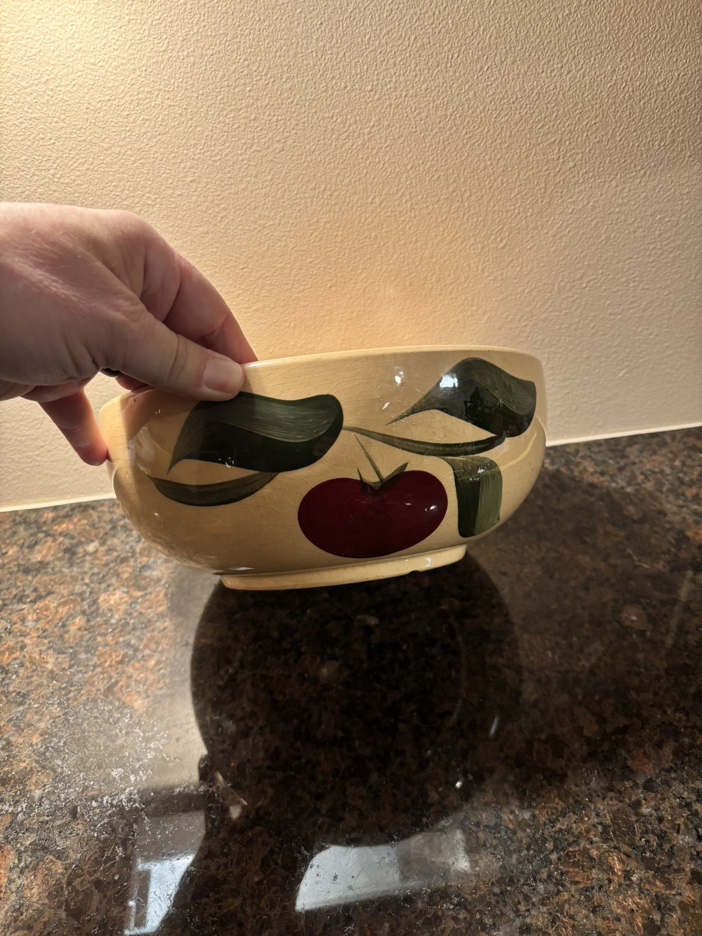 Vintage Watt Ovenware apple 9 1/2" x 4" bowl with advertising