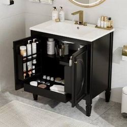 NEW Black 30 in. Single Sink Multi-Functional Vintage Freestanding Bath Vanity with White Ceramic Top Unassembled