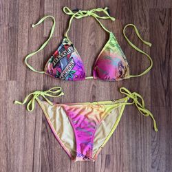 ED HARDY Vintage Y2K Rare Pink Yellow Dishonor Edgy String Triangle Bikini Set