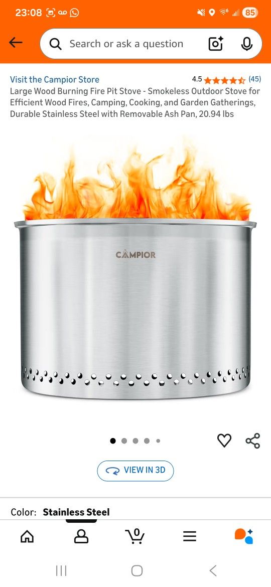 Large Wood Burning Fire Pit Stove 18 Inch - Smokeless Outdoor Stove for Efficient Wood Fires, Camping, Cooking, Durable Stainless Steel