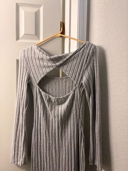 Gray Ribbed Long Sleeve Cutout Top
