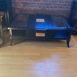 Black Wooden Oriental Low Table Coffee Table With Glass & Wood Top, Drawer & Open Storage On Sides
