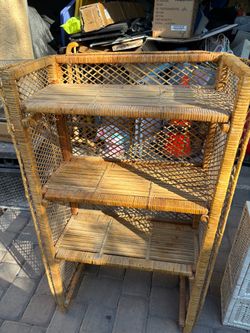 vintage wicker and rattan arched shelf unit
