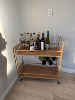 Gold Bar Cart with Wood Shelves and Wine Rack