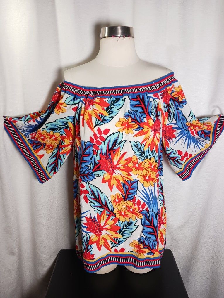 Small Colleen Lopez Rayon Multicolor Tropical Print Off Shoulder Blouse Tunic