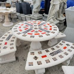 Concrete Mosaic Picnic Table with 3 Benches/ Outdoor Patio Furniture