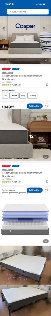 Casper Queen size mattress 12in think