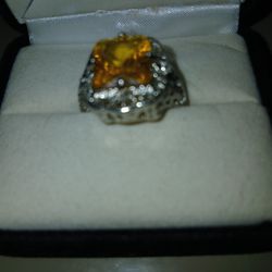 Silver Ring  With A Yellow Stone Size 7 