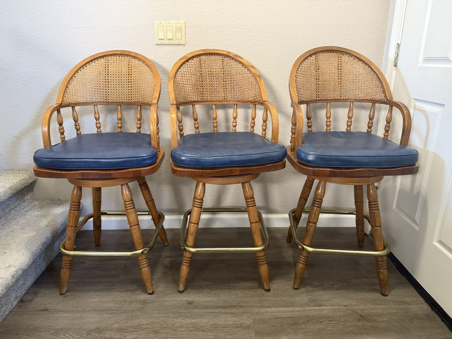 3 Vintage Swivel Cane Back Bar Stools With Cushions - price is firm, no holds 18”D x 20”W x 43”T 24”H seat without cushion