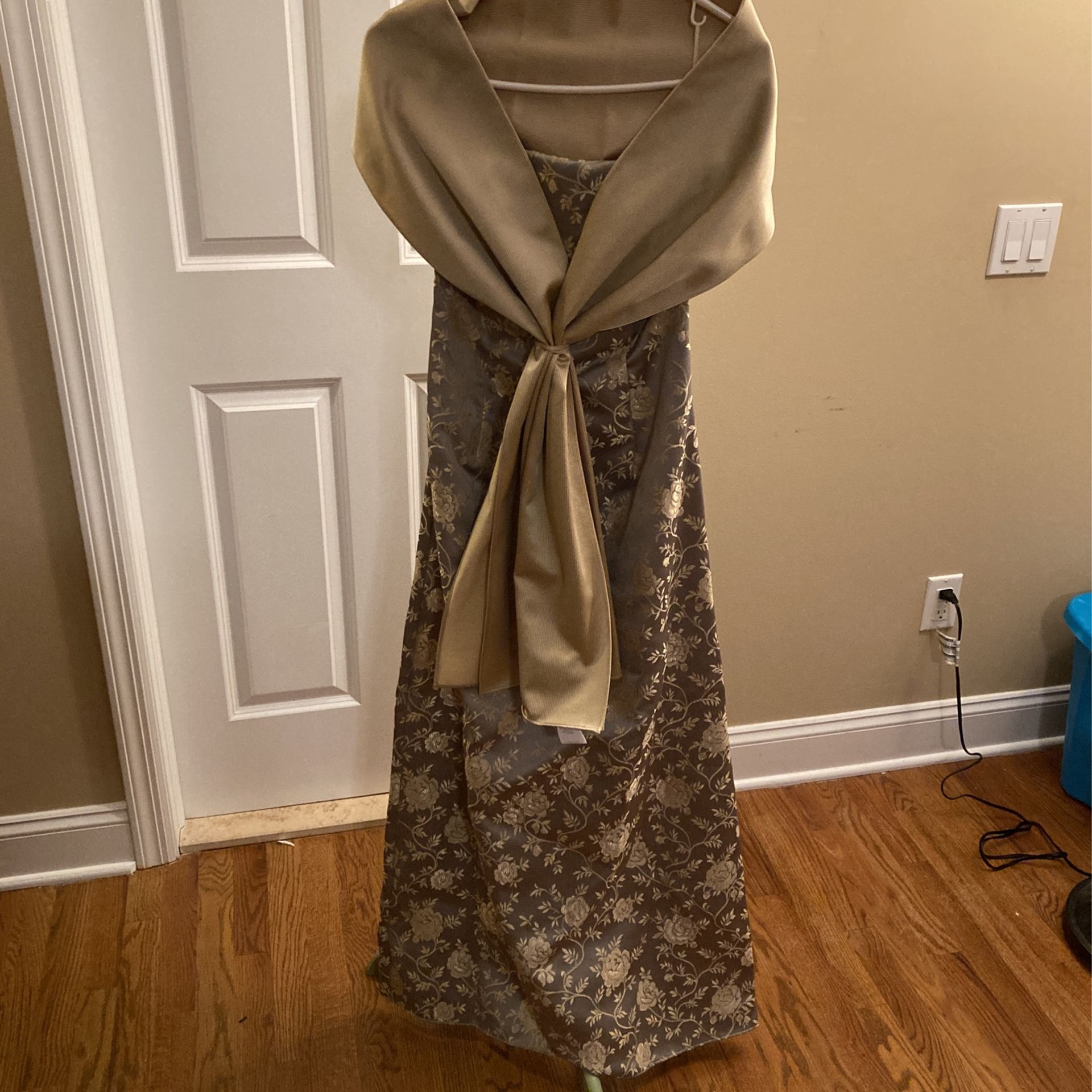 Light Olive With Copper Undertones And Copper Floral Pattern On Floor Length Strapless Evening Gown 