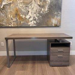 TWO 60” Taupe Wood Grain And Metal Reversible 2 Drawer Modern Desk w/ Open Cubby
