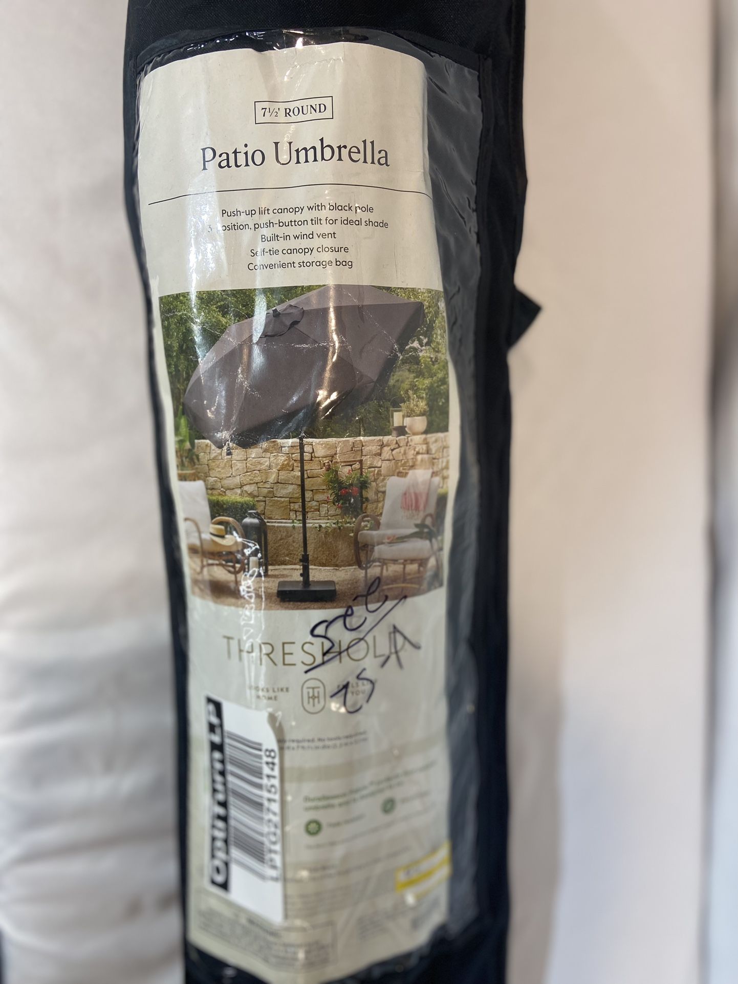 Threshold 7.5 Foot Patio Umbrella Vented Canopy, Black w. 33lb. Outdoor Base