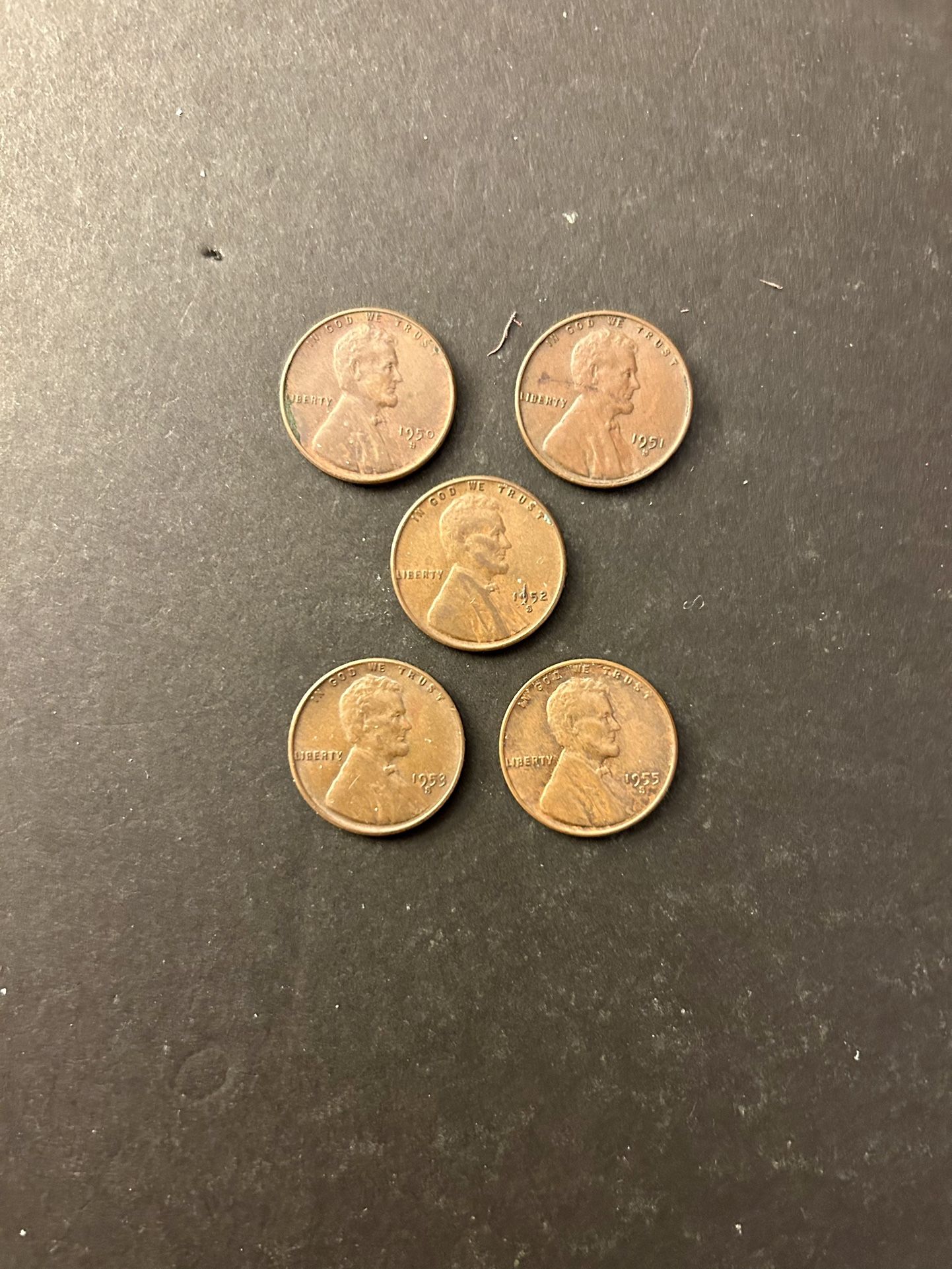 Coins – Lincoln Pennies – Very Nice Coins- 1950 S/51S/52S/53S and 1955S - Total 5 Coins 