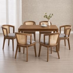 Set of 6 Mid-Century Modern Cane Back Dining Chairs – Solid Wood Frame, Upholstered Cushions