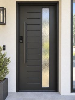 The Luma 37”x81” Single Iron Door - Textured Glass, Push Handles, Matte Black