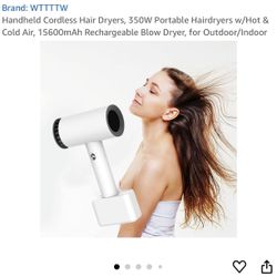 Sponsored Brand: WTTTTW Handheld Cordless Hair Dryers, 350W Portable Hairdryers w/Hot & Cold Air, 15600mAh Rechargeable Blow Dryer, for Outdoor/Indoor