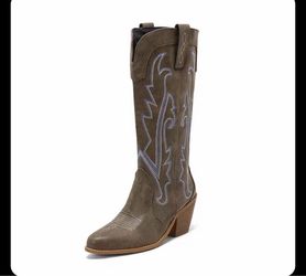 REAVE CAT Women Cowboy Boots Pointed Toe Block Heels Size 7  Color : khaki  1 available