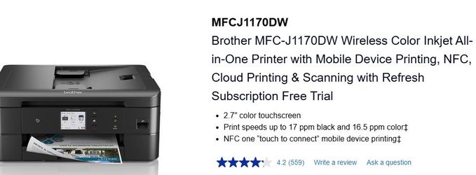 Brother MFC-J1170 Wireless Color Inkjet All-in-One Printer