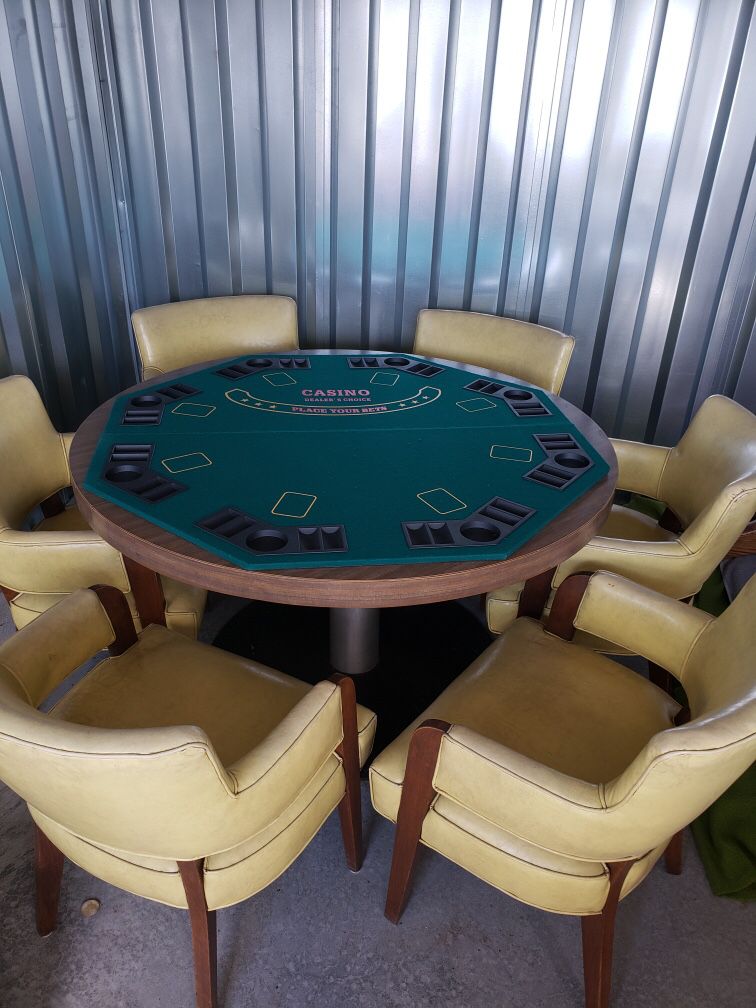 1954 Ford Motor Company Formica Table with 6 Leather Chairs. Felt Poker Pad Included.