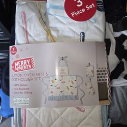 3pc apron, pot holder & oven mit
