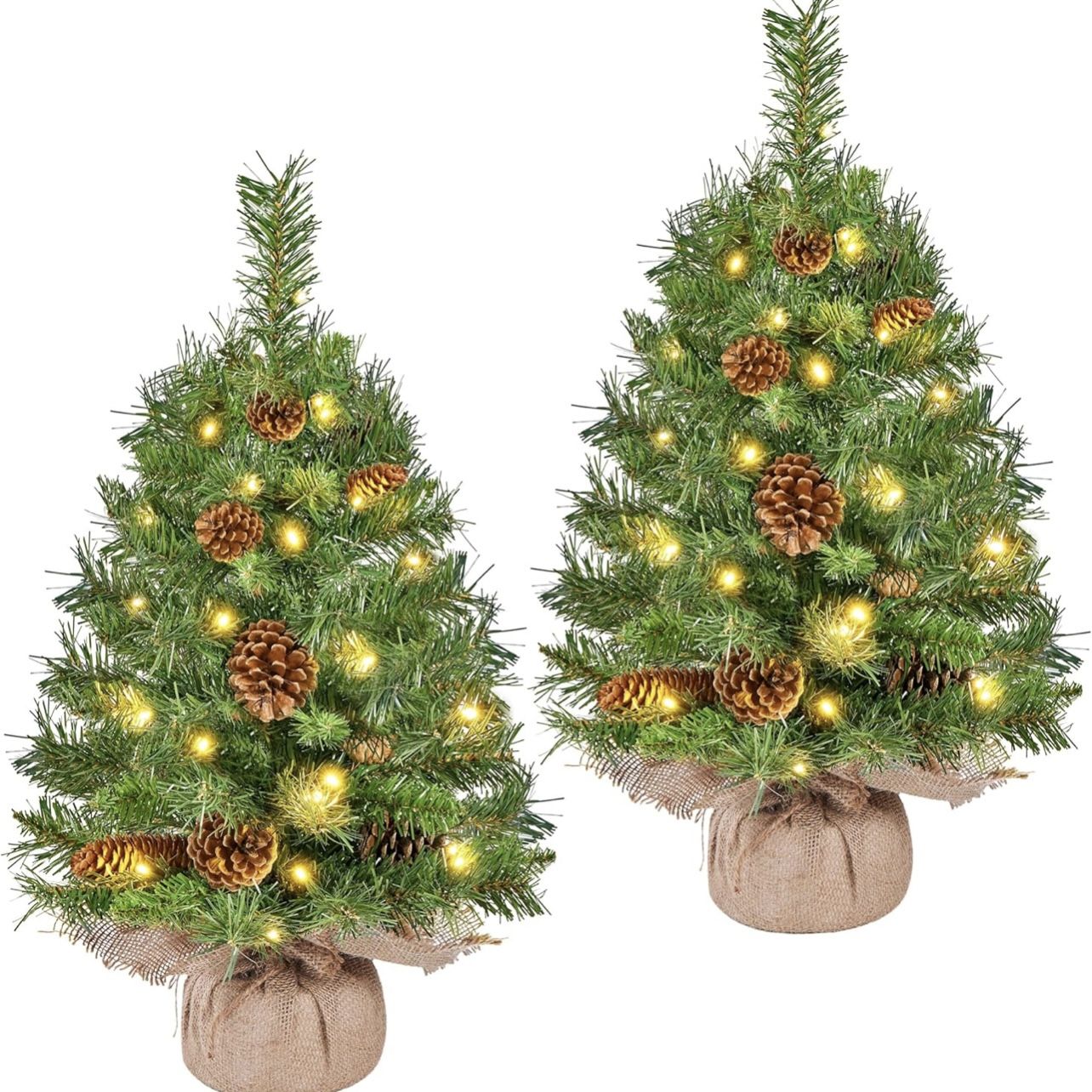 2Pcs Pre-lit Artificial Mini Christmas Tree, 2ft Tabletop Small Xmas Tree w/12 Pinecones, 35 Warm White LED Lights, Cement Base, Battery-Operated Chri