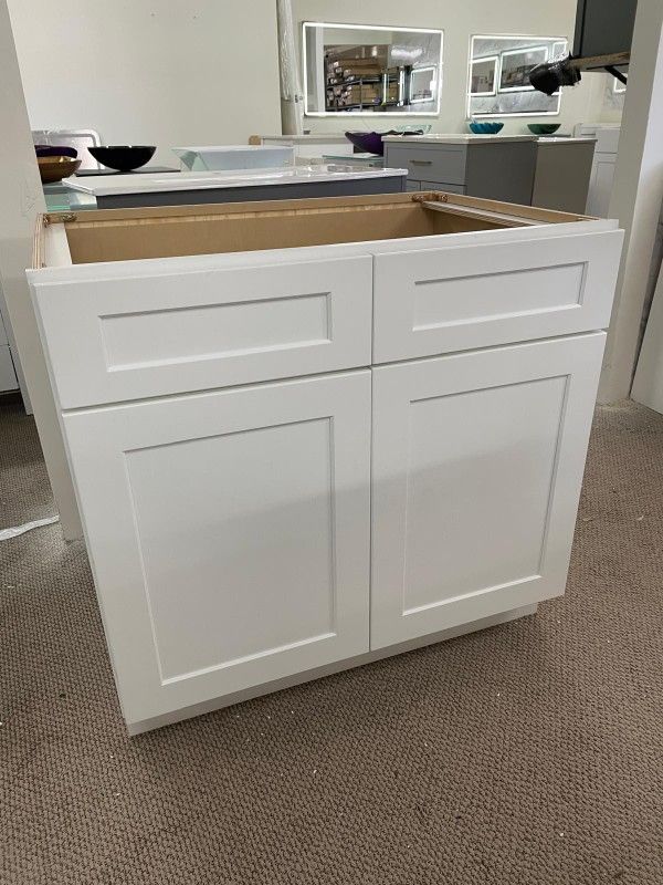 36" 2 Doors 2 False Drawer Plywood Sink Base Kitchen Cabinet in White