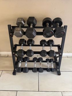 Rubber Dumbbells weights 5-40lbs plus rack 290lbs total