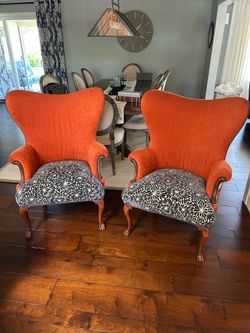 Queen Anne Wingback Chairs (Newly Reupholstered)