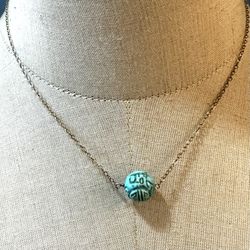 Hand carved Turquoise  Longevity bead  Gold Filled Necklace