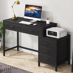 Tribesigns Computer Desk with 5 Drawers, Home Office Desks with Reversible Drawer Cabinet Printer Stand, Industrial PC Desk with Storage, Rustic Study