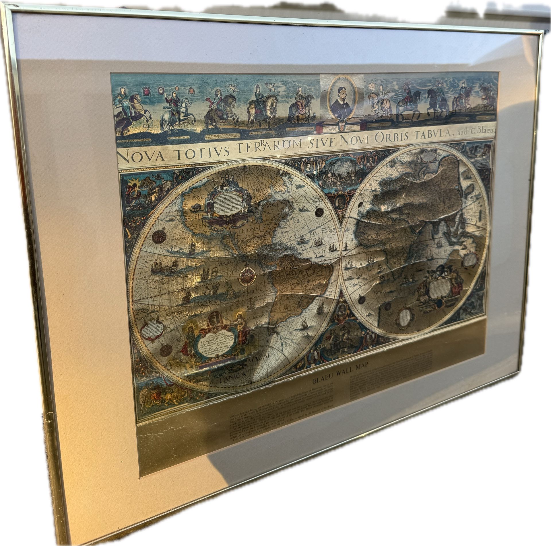 BLAEU WALL MAP Gold Foil New Old World Framed Nautical Exploration Vtg Wall Art