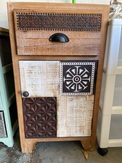 Boho Wood Nightstand with Drawer and Cabinet