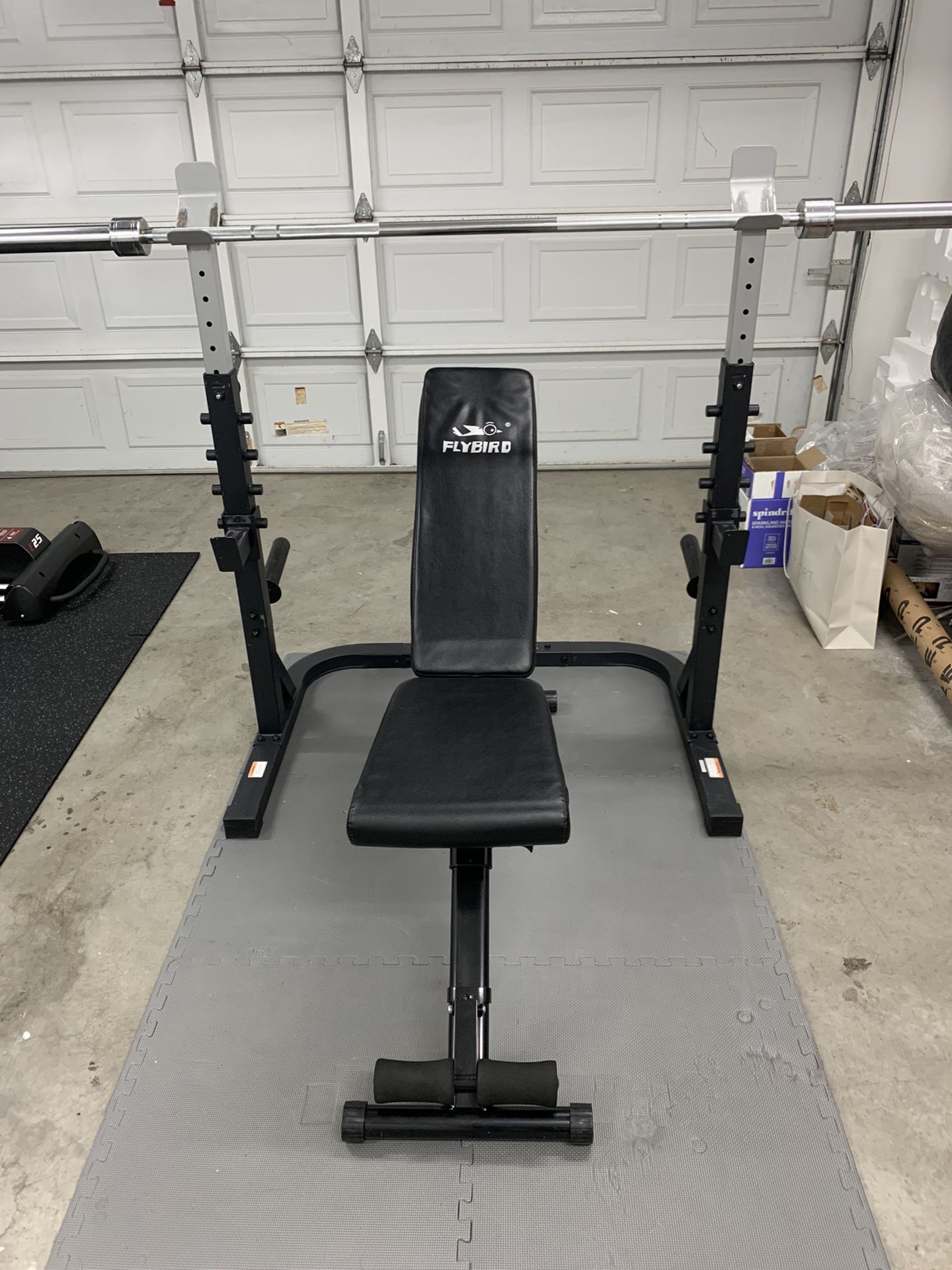 Weider Squat Rack, Flybird Adjustable Bench, & Olympic Barbell