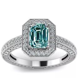 3.15 Ct VVS1 '+WHITE BLUE EMERALD CUT MOISSANITE DIAMOND SILVER RING-SIZE 7