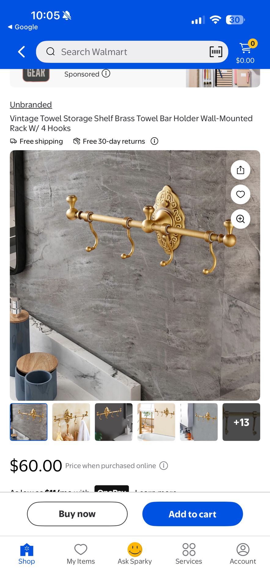 Vintage Towel Storage Shelf Brass Towel Bar Holder Wall-Mounted Rack W/ 4 Hooks