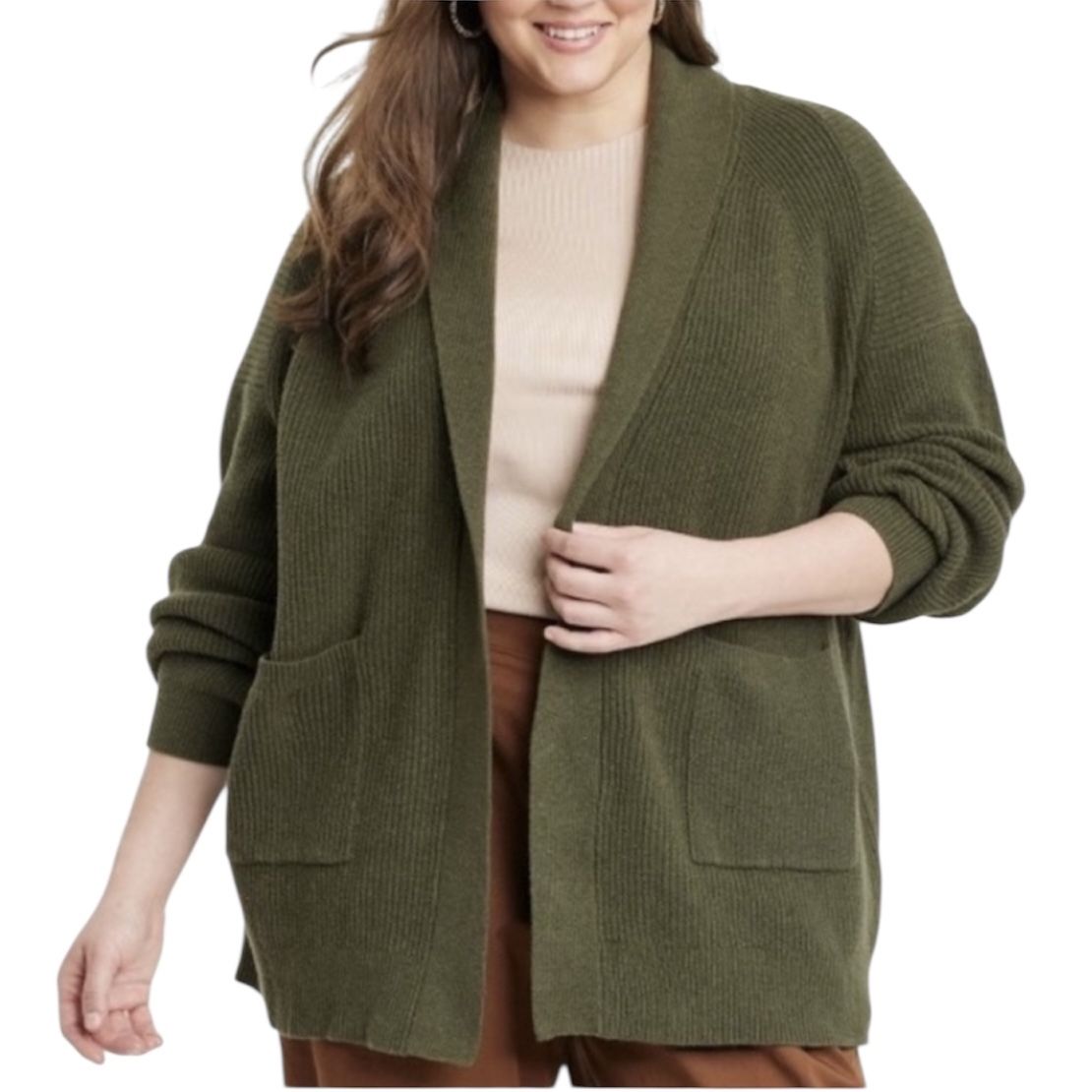 a new day ribbed soft cotton olive green cardigan w/pockets women plus size 1X