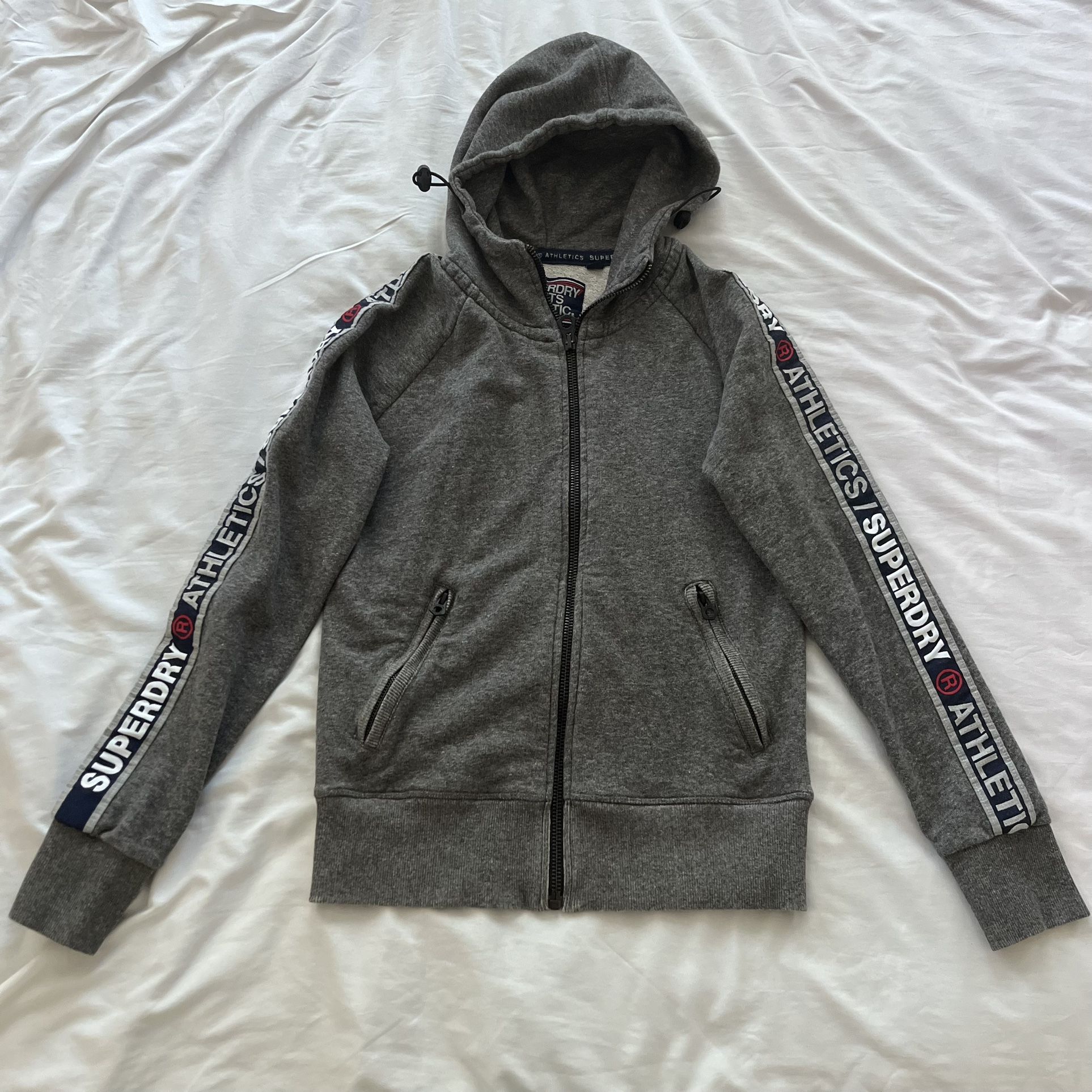Superdry Athletics Full Zip Hoodie Unisex Small Taped Sleeves Gray