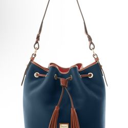 Dooney & Bourke Pebble Grain Leather Drawstring Bucket Bag Blue Shoulder Purse