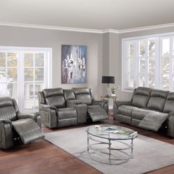 Gray Sofa Set With Manual Recliner And Console 