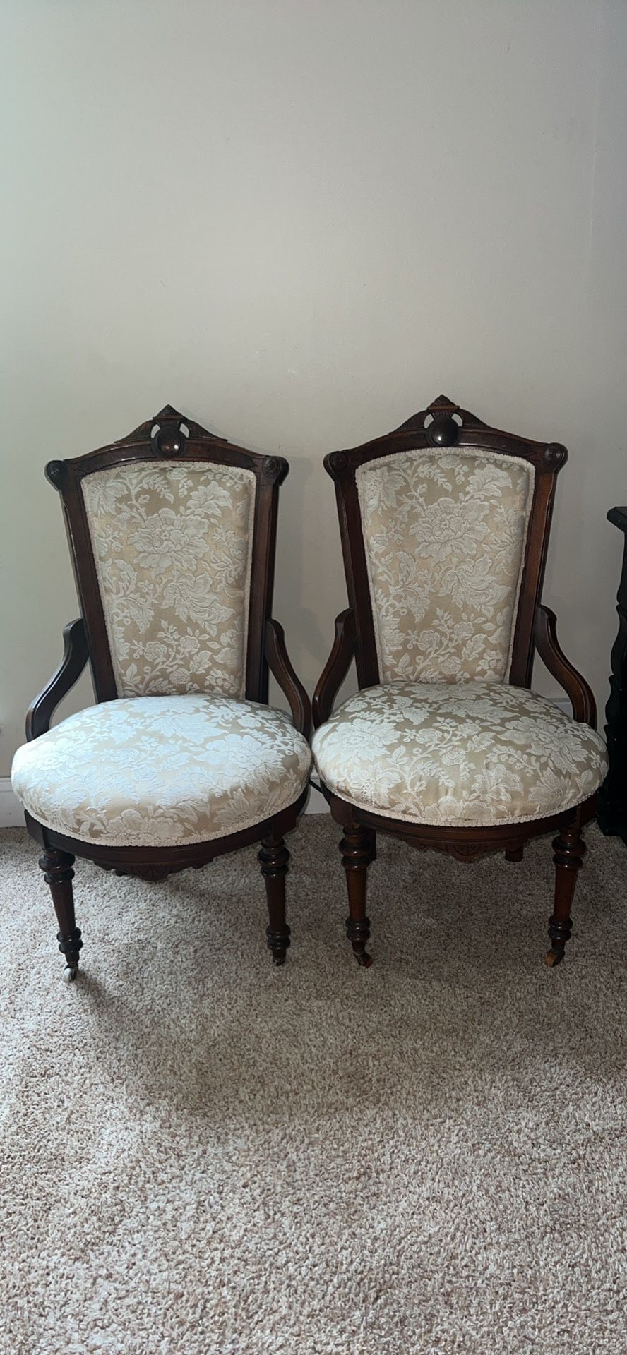 set of antique wooden chairs with floral cream fabric. One chair has mark on seat. They do have some knicks/scratches from use - see pics! One of chai