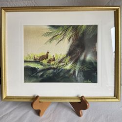 Vintage Framed California Quail Watercolor Painting