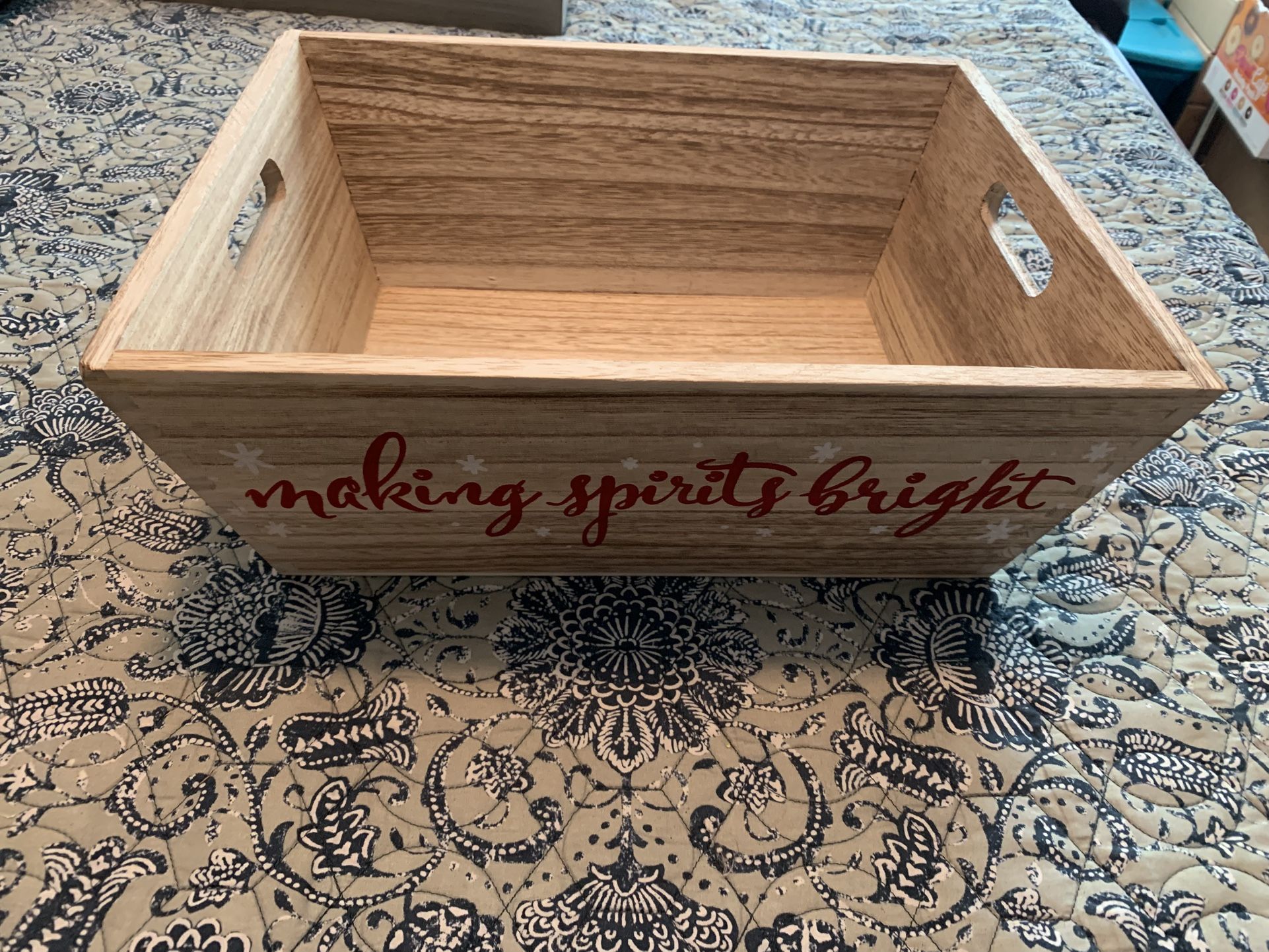 14.5 By 11.5 Inches Wide Wood Deep Tray W/ Handles & Christmas Saying On The Side
