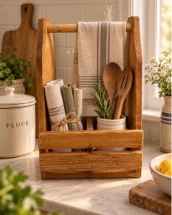 Rustic Wooden Kitchen Caddy with handle Bar