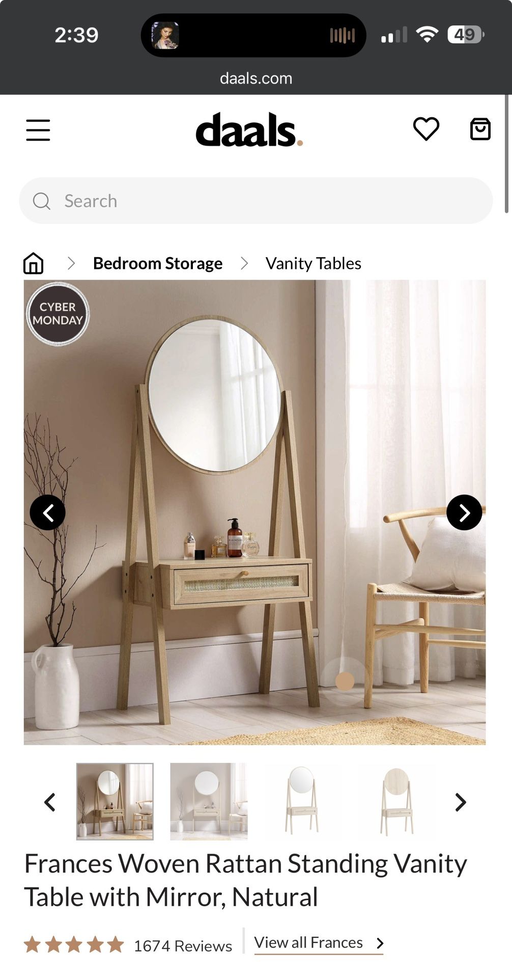Rattan Standing Vanity Table Mirror with Tiny Chair
