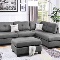Brand New Grey Sectional Sofa w Storage Ottoman 