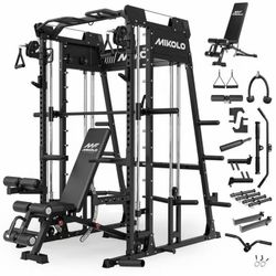 Mikolo M11 Smith Machine, 2200lbs Squat Rack with LAT-Pull Down System & Cable Crossover Machine, Training Equipment with Leg Hold-Down Attachment
