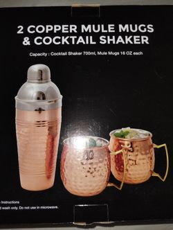2 Copper Mule Mugs & Cocktail Shaker 