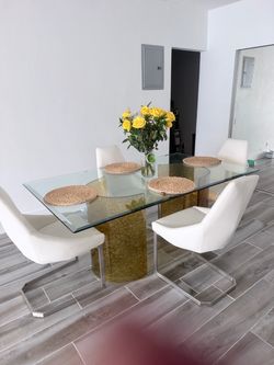 Glass Top Dining Table with 4 White Chairs